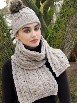 Aran Cable Knit Hat Pom Pom Oatmeal