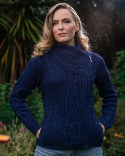 Aran Cable Knit Side Zip Deep Water Blue