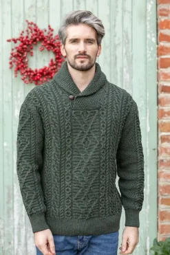 Aran Shawl Neck Sweater Army Green
