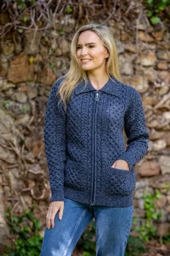 Aran Zip Cardigan with Collar - Denim Marl
