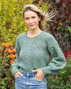 Cable Knit Cropped Crew Neck Sweater Apple