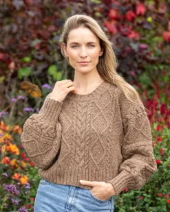 Cable Knit Cropped Crew Neck Sweater Biscuit