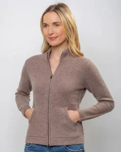 Cashmere and Merino Full Zip Cardigan Light Brown