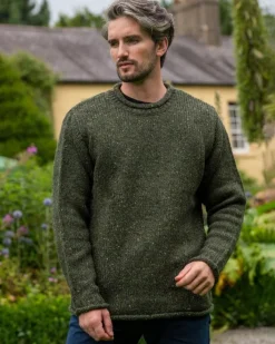 100% Donegal Wool Roll Neck Sweater Olive Green