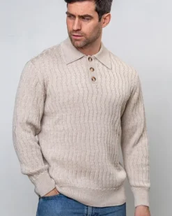 Extra Fine Merino Wool Button Neck Sweater - Beige