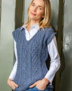 Fitted Aran Vest Merino Wool - Blue