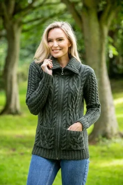 Full Zip Fitted Aran Cardigan Army green
