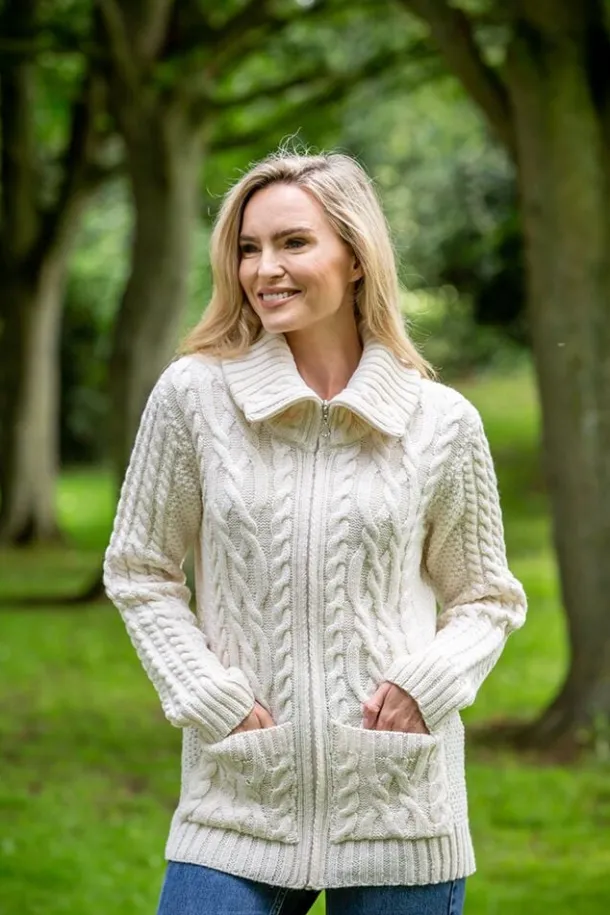 Full Zip Fitted Aran Cardigan with large collar