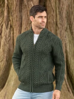 Full Zip Mens Aran Cardigan - Army Green