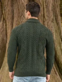 Full Zip Mens Aran Cardigan - Army Green