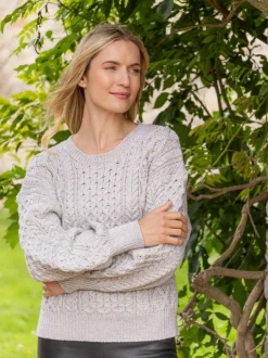 Honeysuckle Cropped Aran Sweater Silver Marl