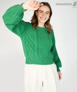 Honeysuckle Cropped Aran Sweater Green Marl