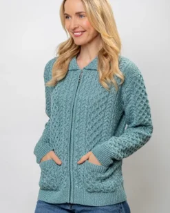 Irish Aran Cardigan with Zip - Aqua