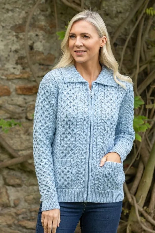 Irish Cardigan with Zip Sky Blue