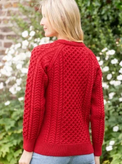 Ladies 100% Merino Wool Aran Sweater Red