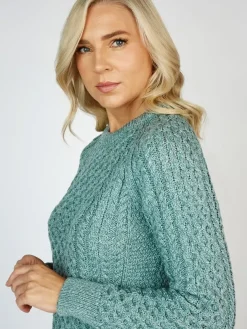 Ladies Merino Wool Fitted Aran Sweater Aqua