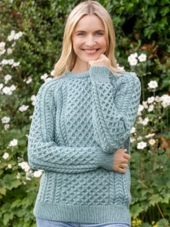 Ladies Merino Wool Fitted Aran Sweater Aqua