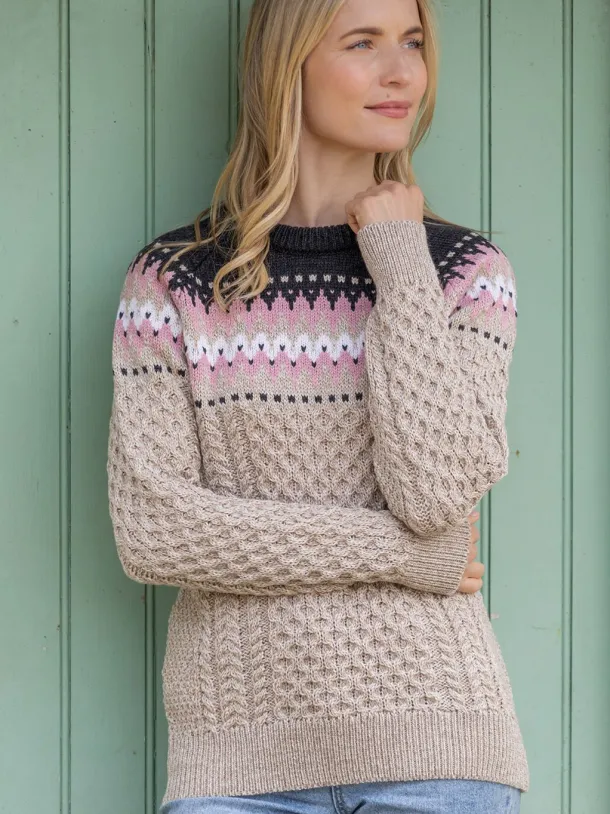 Ladies Merino Wool Fitted Fairisle Sweater Oatmeal