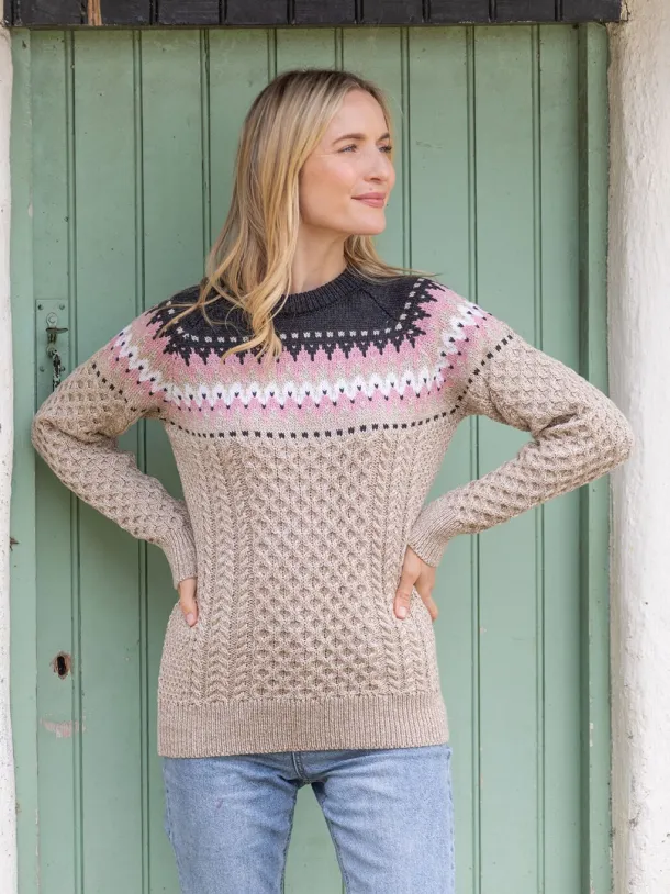 Ladies Merino Wool Fitted Fairisle Sweater Oatmeal