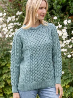 Ladies Merino Wool Fitted Aran Sweater Aqua