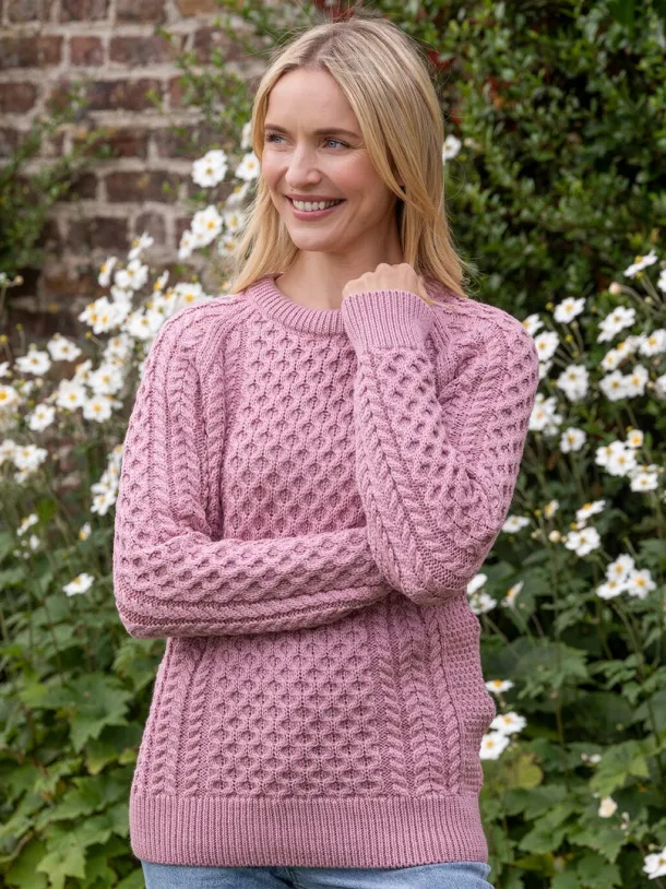Ladies Merino Wool Fitted Aran Sweater Pink