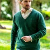 100% Lambswool V Neck Green Melange
