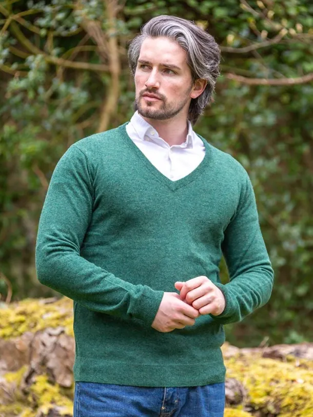 100% Lambswool V Neck Green Melange
