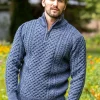 Mens Aran Half Zip Neck Sweater Denim Marl