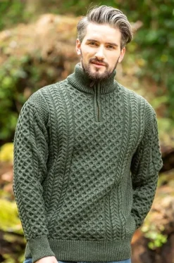 Mens Aran Half Zip Neck Sweater Army Green