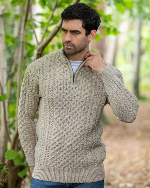 Mens Aran Half Zip Neck Sweater Beige
