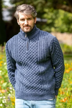 Mens Aran Half Zip Neck Sweater Denim Marl