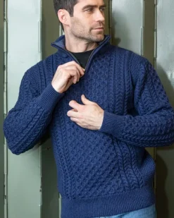 Mens Aran Half Zip Neck Sweater Deep Water Blue