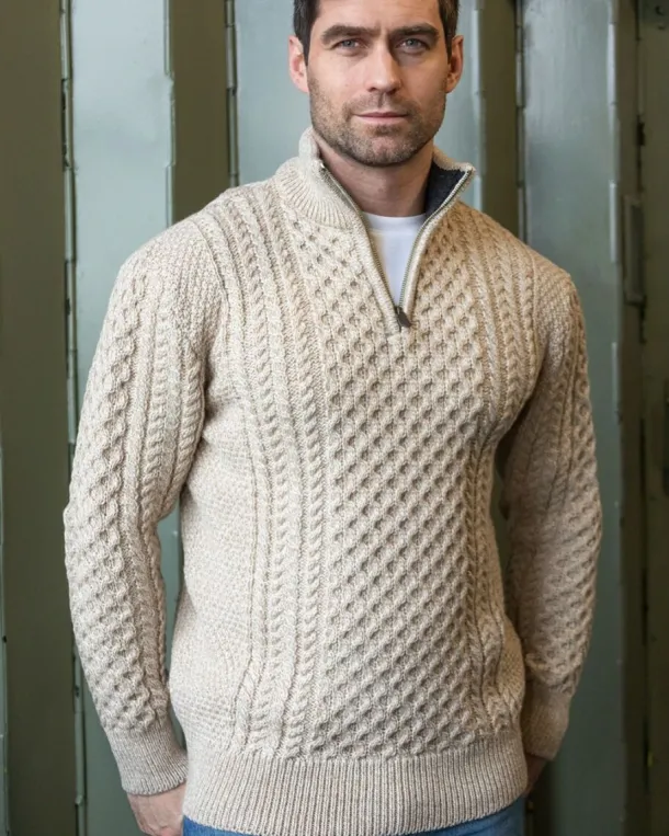 Mens Aran Half Zip Neck Sweater Beige