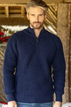 Men's half zip ribbed sweater Deep Water Blue