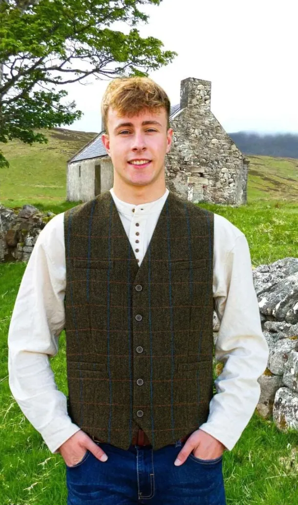 Mens Tweed Waistcoat Olive Overcheck