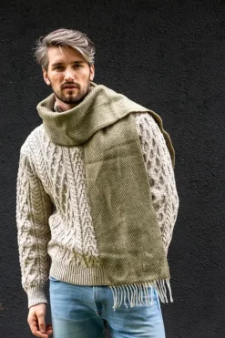 Men's Wool and Cashmere Moss Green Herringbone Scarf