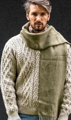 Men's Wool and Cashmere Moss Green Herringbone Scarf