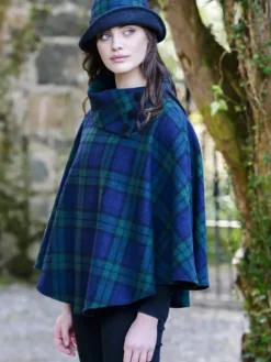 Mucros Tweed Poncho Navy and Green