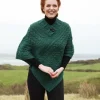 One Size Cable Knit Poncho with Buttons Green Marl