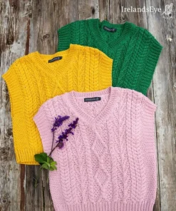 Pansy V Neck Aran Vest Green Marl