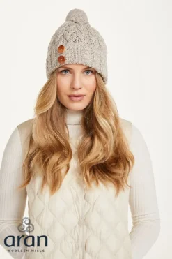 Super Soft Aran Hat with Triskelion Buttons Oatmeal