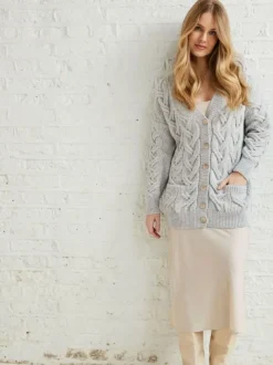 Super Soft Aran V Neck Cardigan Silver