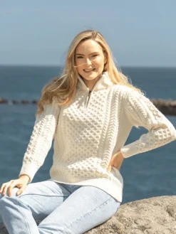 Unisex Half Zip Merino Wool Sweater Natural