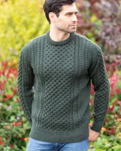 Unisex Merino Wool Aran Sweater - Army Green