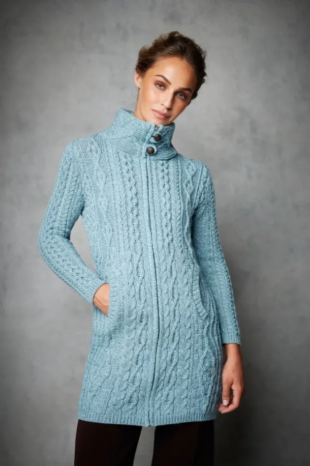 Womens Long Fitted Aran Coat - Aqua