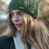 100% Wool Fully Lined Aran Pull on Hat Green