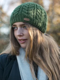 100% Wool Fully Lined Aran Pull on Hat Green